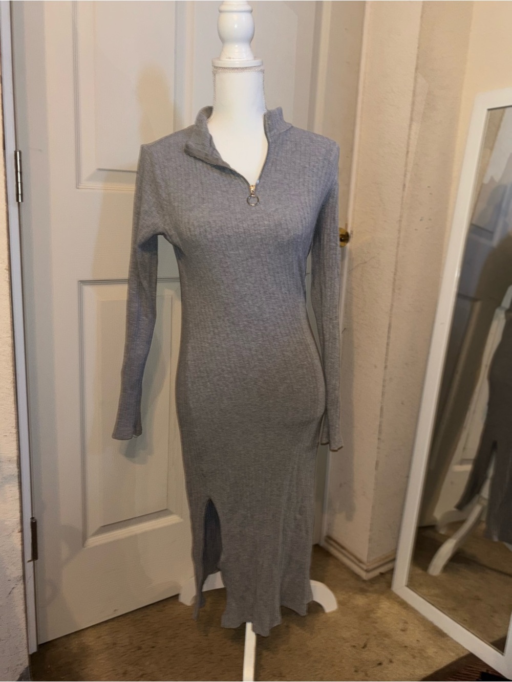 Heart Hips Grey Ribbed Long Sleeve Midi Dress with Zip Collar